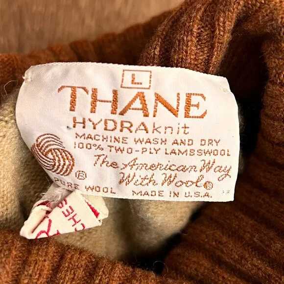 Vintage Thane 70s Brown Stripe Turtleneck Sweater 100% Lambswool Sz L - Picture 5 of 10